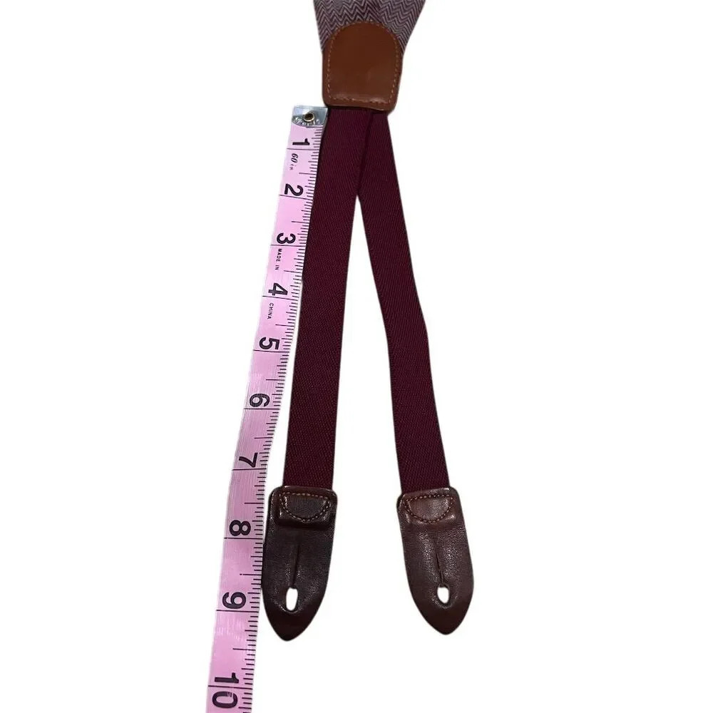 Cole Haan Men's Burgundy Herringbone Y-Back Suspenders with Leather Ends - Picture 2 of 4